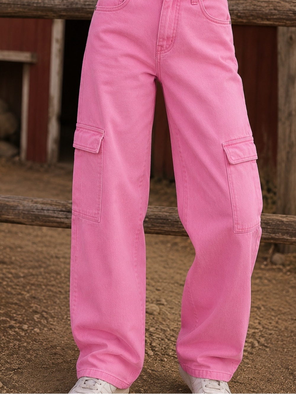 Risen Jeans Pink Cargo Wide Leg Denim High Waisted Size 13/31